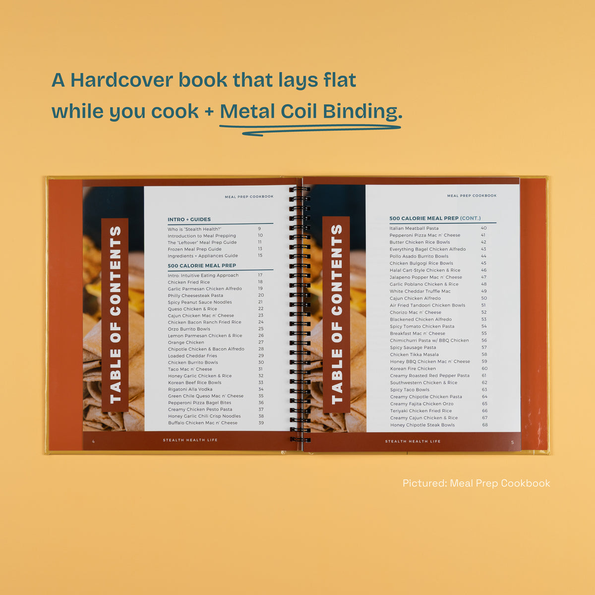 The hardcovers lay flat and are metal bound. Shown is the Meal Prep Cookbook Table of Contents - Part 1/3